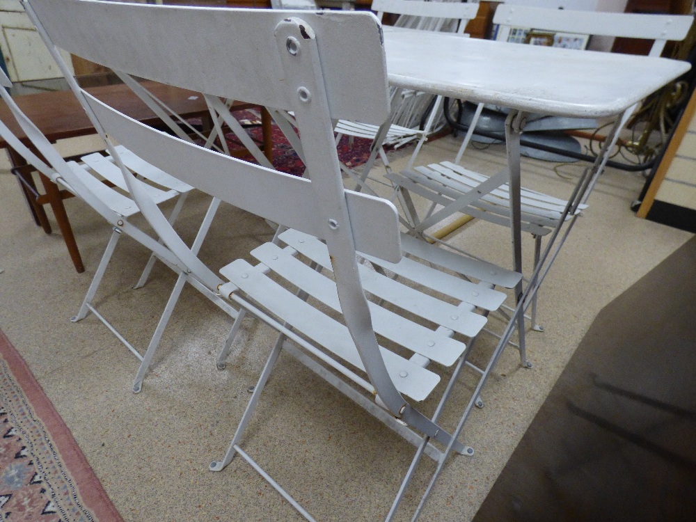 A PAIR OF WHITE METAL GARDEN TABLES WITH FOUR WHITE METAL CHAIRS, ALL FOLDING - Image 5 of 5