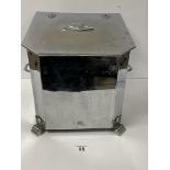 AN ART DECO POLISHED STEEL/CHROME COAL BOX WITH DECO MOTIFS THROUGHOUT, THE LID OPENING TO REVEAL