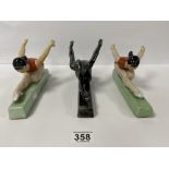 THREE CHINESE CERAMIC FIGURES OF GYMNASTS FROM THE CULTURAL REVOLUTION, 23CM WIDE