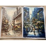 TWO LARGE OIL ON CANVAS'S DEPICTING STREET SCENES DURING THE NIGHT AND DAY, SIGNED TO BOTTOM