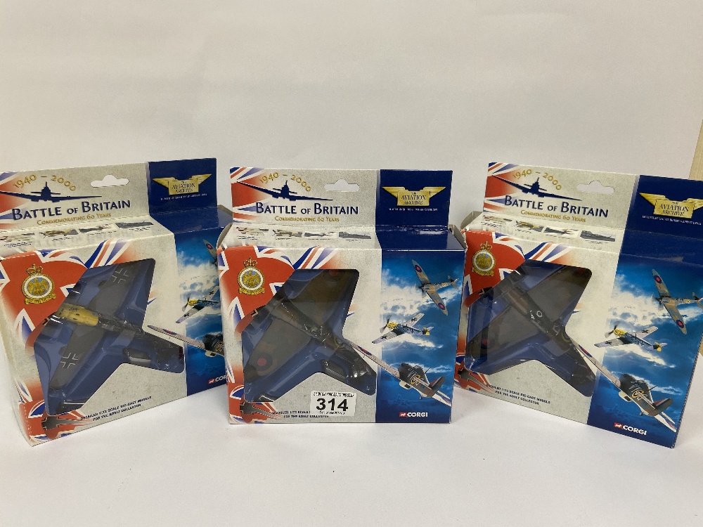 THREE CORGI BATTLE OF BRITAIN "COMMEMORATING 60 YEARS" AEROPLANE MODELS, INCLUDING 49001 SPITFIRE