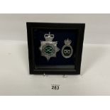 TWO STAFFORDSHIRE POLICE BADGES, BOTH WITH ENAMEL DETAILING, FRAMED AND GLAZED, LARGEST BADGE APPROX