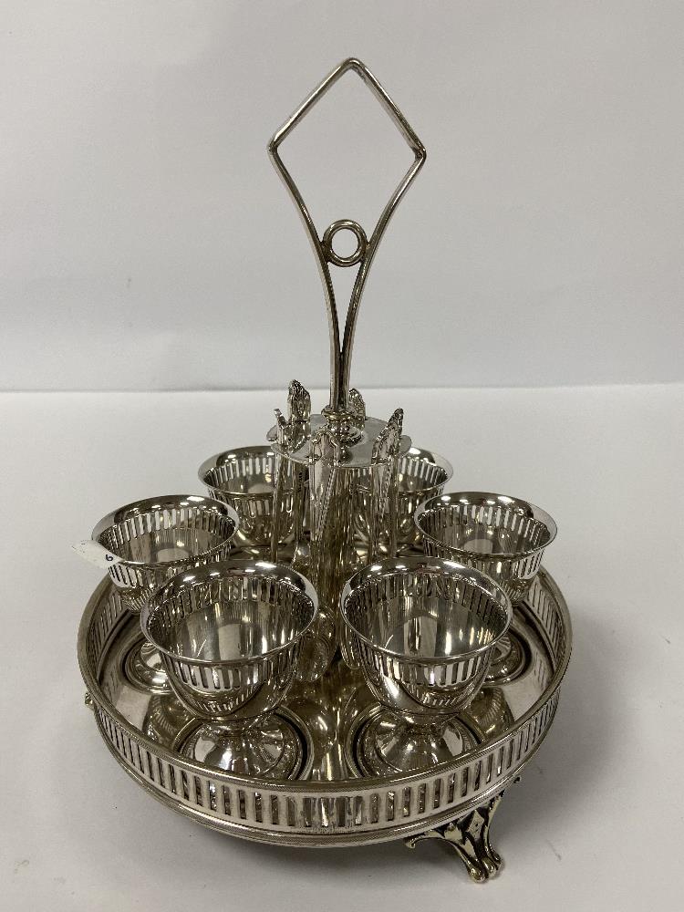 A VINTAGE SILVER PLATED SIX PIECE EGG CUP AND SPOON SET MOUNTED UPON FITTED TRAY OF CIRCULAR FORM, - Image 2 of 4