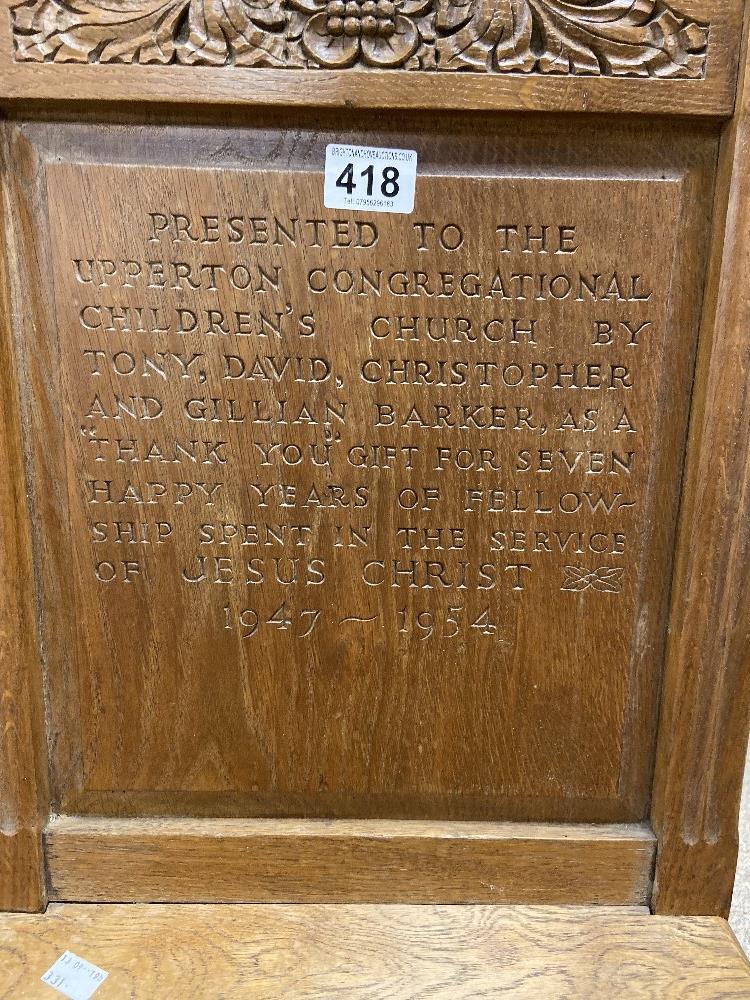 AN OAK CHAIR WITH RELIGIOUS SCRIPT FROM UPPERTON CONGREGATIONAL CHILDREN'S CHURCH 1947 -1954 - Image 2 of 4