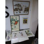 SEVERAL PICTURES COMPRISING AN OIL ON BOARD OF AN ORIENTAL SCENE WITH BOATS, TWO PRINTS OF BIRDS