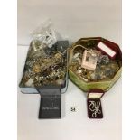 TWO BOXES OF ASSORTED COSTUME JEWELLERY INCLUDING CHAINS, WRISTWATCHES, EARRINGS AND MORE