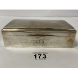 A SILVER CIGARETTE BOX OF RECTANGULAR FORM, ENGINE TURNED LID WITH ENGRAVED WORDING TO THE FRONT AND