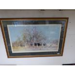 A LARGE FRAMED AND GLAZED DAVID SHEPHERD PRINT ENTITLED 'IN THE THICK STUFF', 106CM BY 71CM