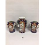 A GROUP OF THREE JAPANESE HAND PAINTED "GOLD IMARI" PATTERN VASES, LARGEST 23CM HIGH