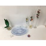 A MIXED LOT OF SEVEN PIECES OF GLASSWARE, INCLUDING THREE GALILEO BAROMETERS OF GRADUATING FORM,
