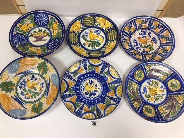 SIX LATE 19TH/EARLY 20TH CENTURY CONTINENTAL TIN GLAZED CHARGERS OF CIRCULAR FORM, EACH DECORATED