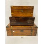 THREE 19TH/EARLY 20TH CENTURY WOODEN BOXES, INCLUDING A ROSEWOOD EXAMPLE, LARGEST 46CM WIDE