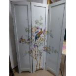 A PAINTED THREE FOLD WOODEN SCREEN WITH BIRDS TO ONE SIDE