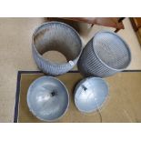 FOUR GALVANISED ITEMS TWO BINS 1 A/F AND TWO INDUSTRIAL LIGHTS