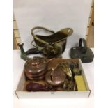 A MIXED LOT OF COLLECTIBLES, INCLUDING A NOVELTY BRASS INKWELL, HAMMERED COPPER KETTLE, TWO CARVED