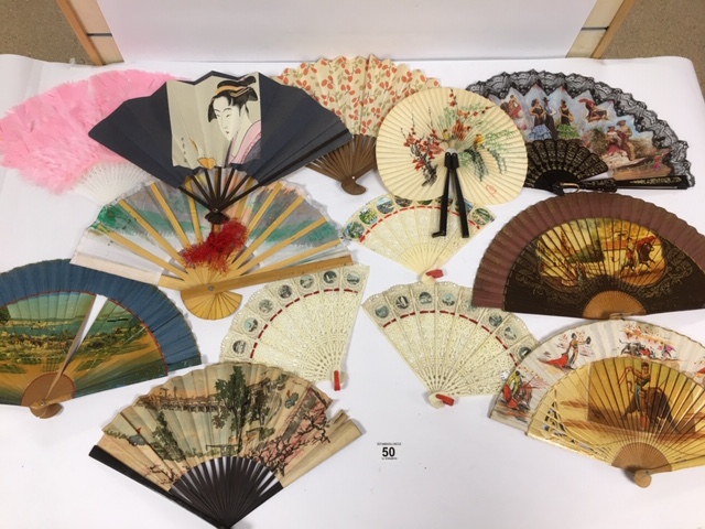 A QUANTITY OF ASSORTED HAND FANS, INCLUDING EXAMPLES WITH BAMBOO HANDLES, 13 IN TOTAL