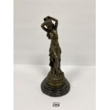A BRONZE FIGURE OF A SEMI NUDE LADY, RAISED UPON MARBLE BASE, 33CM HIGH