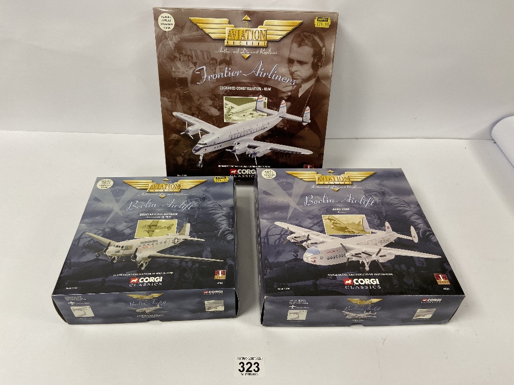 THREE CORGI CLASSICS 'THE AVIATION ARCHIVE' MODELS COMPRISING; FRONTIER AIRLINERS LOCKHEED