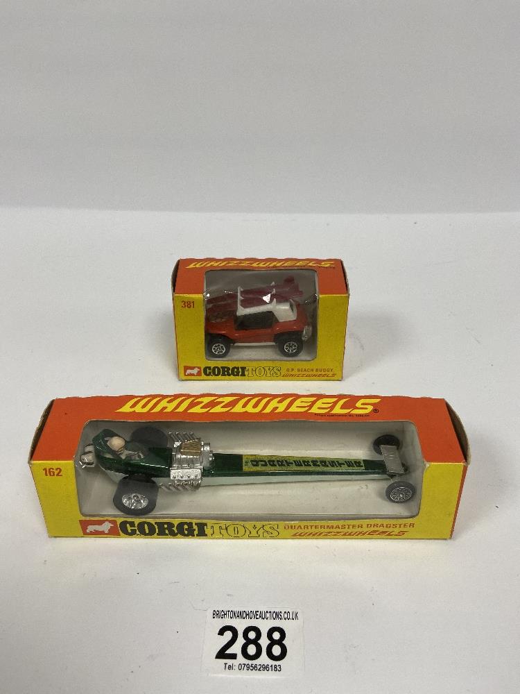 TWO CORGI TOYS WHIZZWHEELS VEHICLES; QUARTERMASTER DRAGSTER 162 AND GP BEACH BUGGY 381, BOTH IN