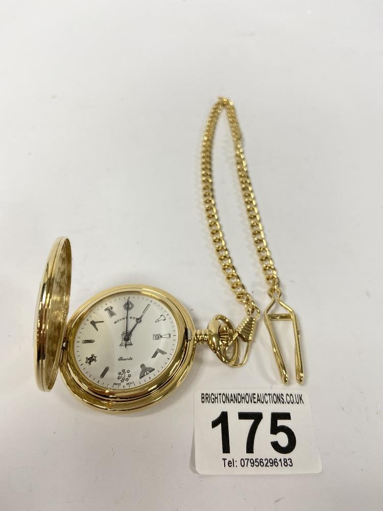 A YELLOW METAL MOUNT ROYAL MASONIC POCKET WATCH, QUARTZ SWISS MADE MOVEMENT