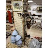 A LARGE GILDED ORNATE WROUGHT IRON STANDARD LAMP WITH GLASS DROPS 207 CMS HEIGHT