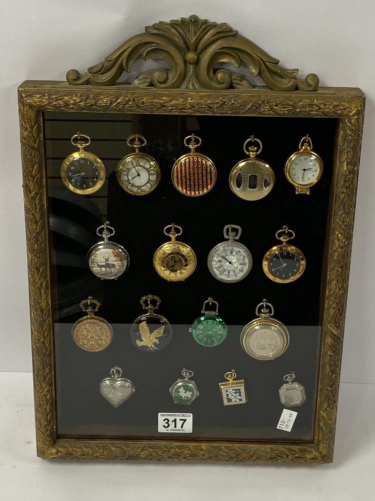 A COLLECTION OF VINTAGE POCKET WATCHES MOUNTED IN A GILT FRAME, SEVENTEEN IN TOTAL