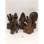 FIVE CARVED WOODEN FIGURES, FOUR OF WHICH SIGNED TO BASES "BALI", LARGEST 29CM HIGH