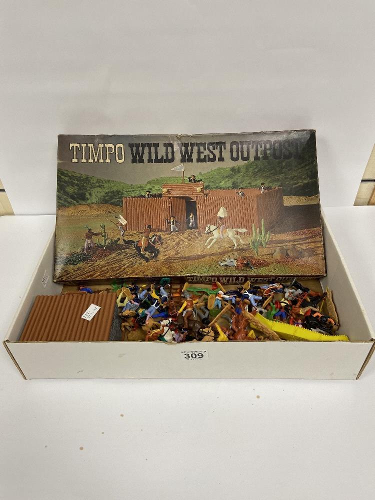 A VINTAGE TIMPO WILD WEST OUTPOST IN ORIGINAL BOX, TOGETHER WITH A COLLECTION OF TIMPO COWBOYS AND