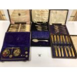 SIX BOXES OF SILVER PLATED FLATEWARE, INCLUDING CAKE FORKS, FISH KNIVES AND FORKS AND MORE