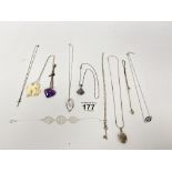 MIXED LOT OF SILVER ITEMS, COMPRISING EIGHT PENDANTS WITH CHAINS AND THREE SILVER BROOCHES