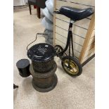 A MAX SINGLE WHEEL SKATEBIKE AND A ENAMELLED METAL HEATER/COOKER, 68CM HIGH