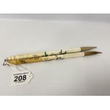 TWO LATE 19TH CENTURY CHINESE IVORY SCRIBE/PAINT BRUSHES, BOTH WITH ENGRAVED DECORATION DEPICTING