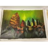A LARGE UNFRAMED OIL ON CANVAS DEPICTING TRADITIONAL ORIENTAL SHIPS IN A HARBOR, SIGNED 'RICKY' 98CM