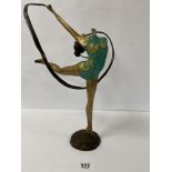 A MODERN BRONZE FIGURE OF A DANCING GIRL WITH A RIBBON WITH PAINTED DETAILS THROUGHOUT, 48CM HIGH