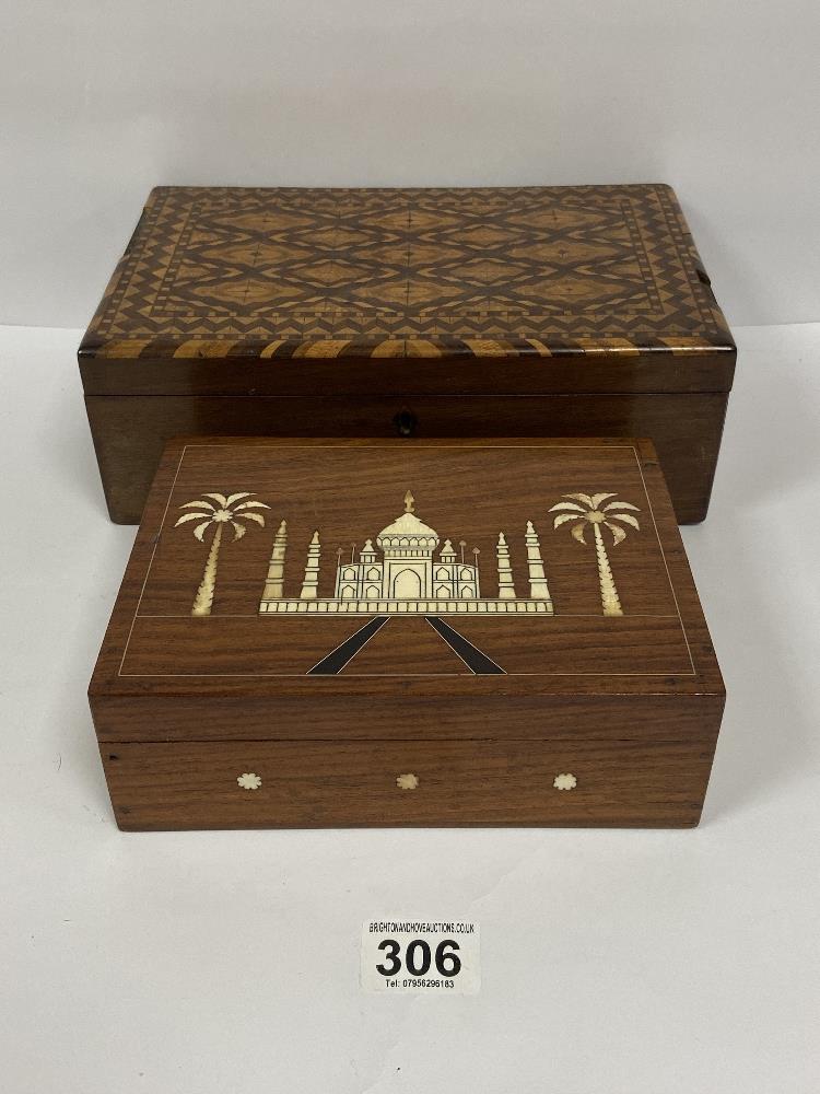 A VICTORIAN PARQUETRY INLAID BOX OF RECTANGULAR FORM, TOGETHER WITH AN EASTERN IVORY INLAID BOX,