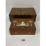 A VICTORIAN PARQUETRY INLAID BOX OF RECTANGULAR FORM, TOGETHER WITH AN EASTERN IVORY INLAID BOX,