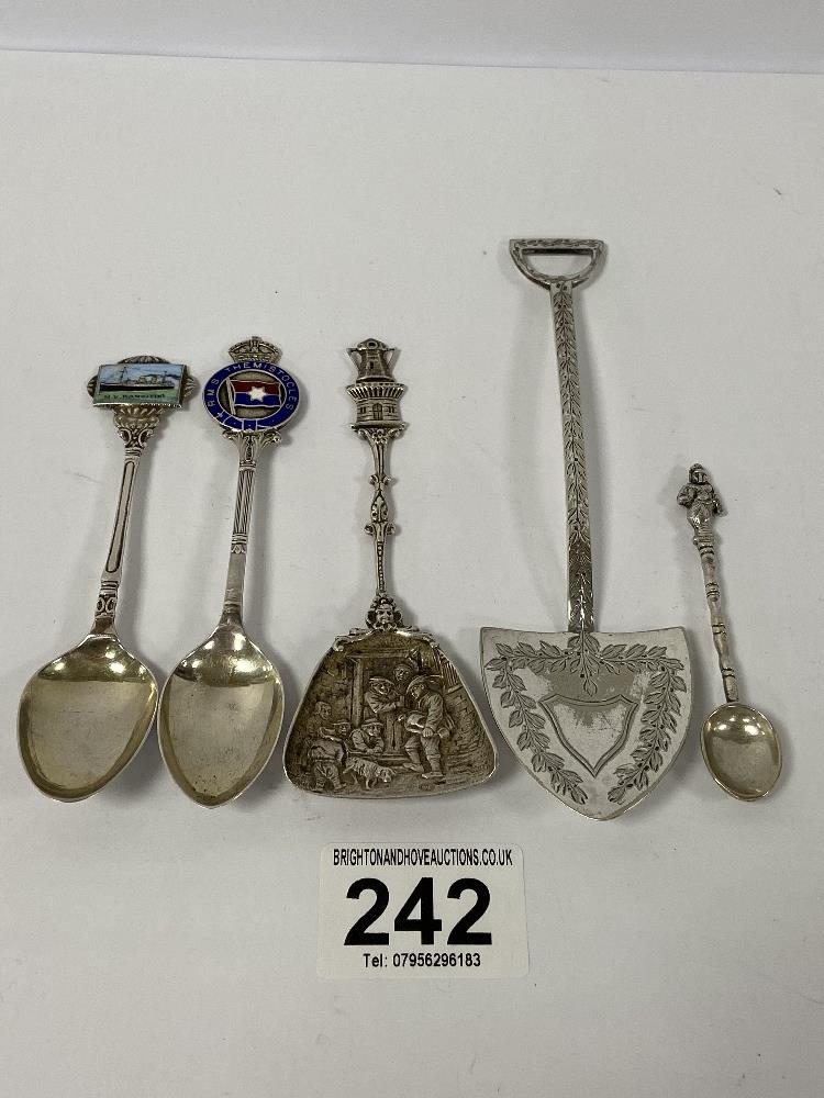 FIVE SPOONS TWO SILVER AND THREE WHITE METAL INCLUDING HULCKIN AND HEATH