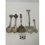 FIVE SPOONS TWO SILVER AND THREE WHITE METAL INCLUDING HULCKIN AND HEATH