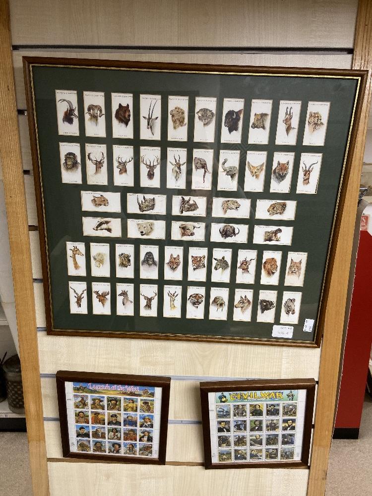 FRAMED AND GLAZED PLAYERS CIGARETTE CARDS WITH TWO FRAMED COLLECTION STAMPS