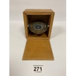 A SMALL CHINESE SHIPS GIMBAL COMPASS IN WOODEN BOX, COMPASS ITSELF 8CM DIAMETER