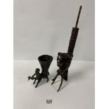 AN UNUSUAL BRONZE OPIUM PIPE IN THE FORM OF A STYLIZED BUG, TOGETHER WITH A SIMILARLY UNUSUAL BRONZE