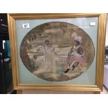 A REGENCY PERIOD SILKWORK PICTURE OF OVAL FORM, DEPICTING FIGURES IN LANDSCAPE, FRAMED AND GLAZED,