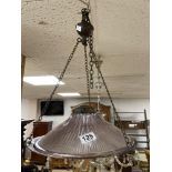 A VINTAGE HANGING METAL AND GLASS CEILING LIGHT OF CIRCULAR FORM, 34CM DIAMETER