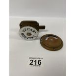 A VINTAGE BRASS TOILET LOCK WITH 'ENGAGED/VACANT' WHITE ENAMEL ROTATING DISK TO THE FRONT, REG NO