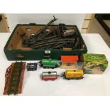 A LARGE ASSORTMENT OF EARLY 0 GAUGE TRAINS AND TRACK, INCLUDING HORNBY FREIGHT WAGONS, METTOY BRIDGE