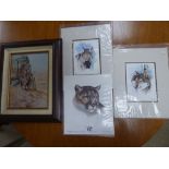 FOUR PICTURES COMPRISING AN OILOGRAPH OF A NATIVE INDIAN ON HORSEBACK AND THREE WILDLIFE PRINTS