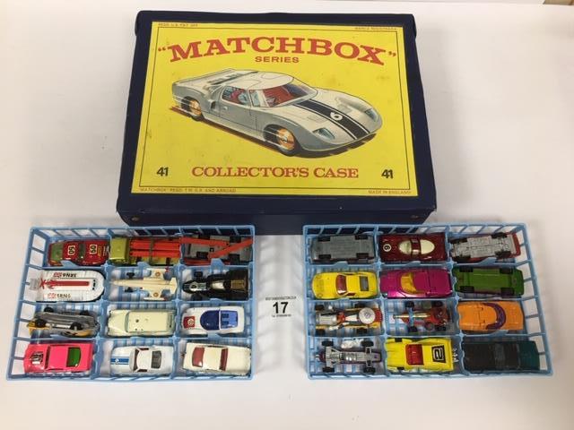 A VINTAGE MATCHBOX COLLECTORS CASE 41 CONTAINING A MIXED VARIETY OF SMALL DIE CAST VEHICLES BY