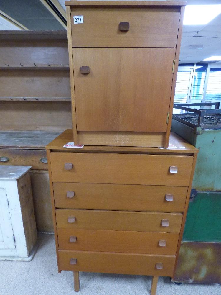 TWO MID CENTURY TEAK PIECES COMPRISING A FIVE DRAWER CHEST AND A BEDSIDE CHEST BY SYMBOL FURNITURE