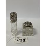 TWO SILVER TOP GLASS ITEMS, PERFUME BOTTLE AND INKWELL