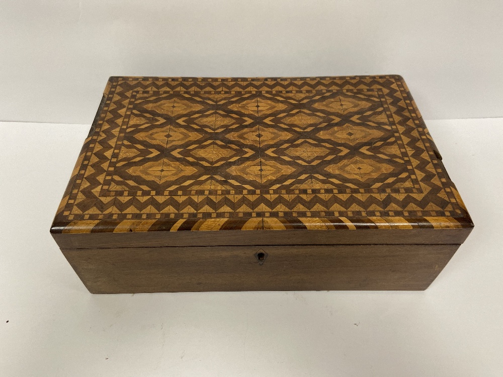 A VICTORIAN PARQUETRY INLAID BOX OF RECTANGULAR FORM, TOGETHER WITH AN EASTERN IVORY INLAID BOX, - Image 4 of 5